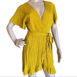 Ces Femme Mustard Ruffle Wrap Dress Size S/M Summer Dress‎